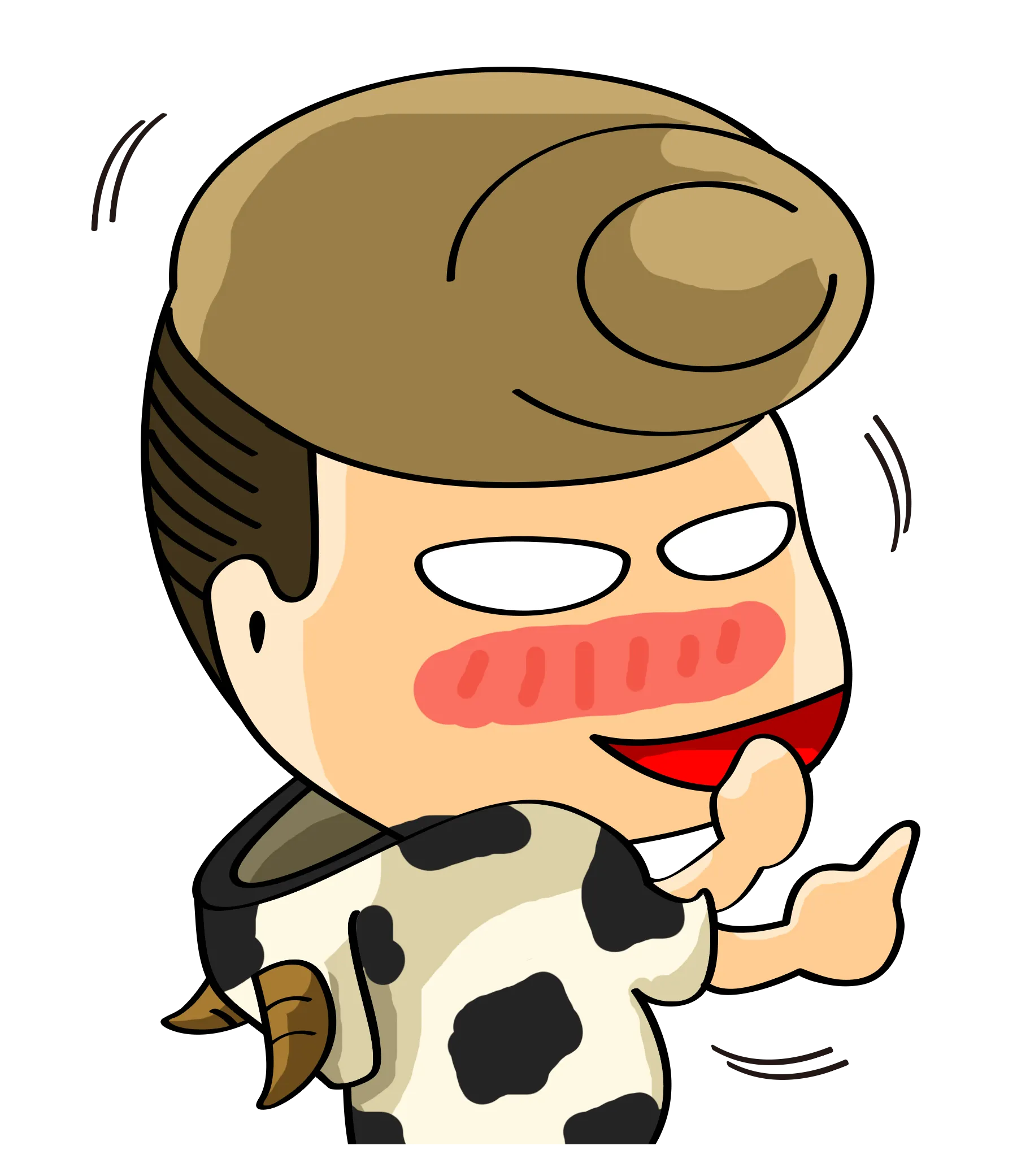 FYTBET maskot Ah Fu kostum sapi cosplay muka merah ketawa malu — 富易堂 stiker WeChat