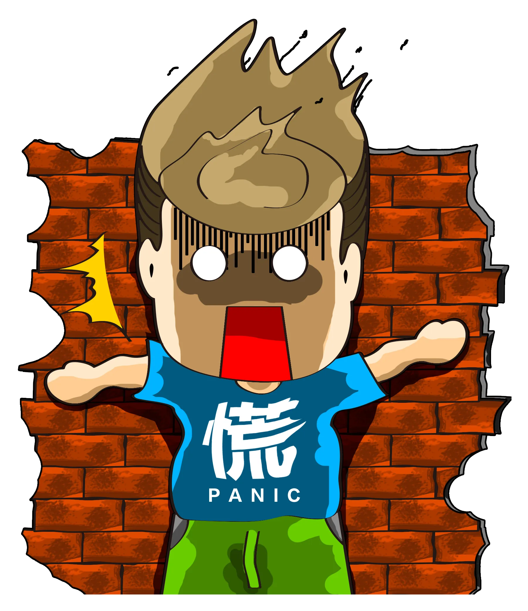 FYTBET maskot Ah Fu rambut berdiri tembok bata runtuh 慌 PANIC — 富易堂 stiker WeChat