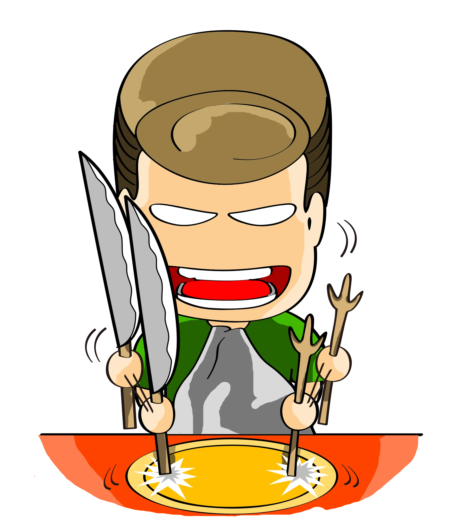 FYTBET maskot Ah Fu celemuk hijau ketuk pisau garpu di piring lapar — 富易堂 stiker WeChat