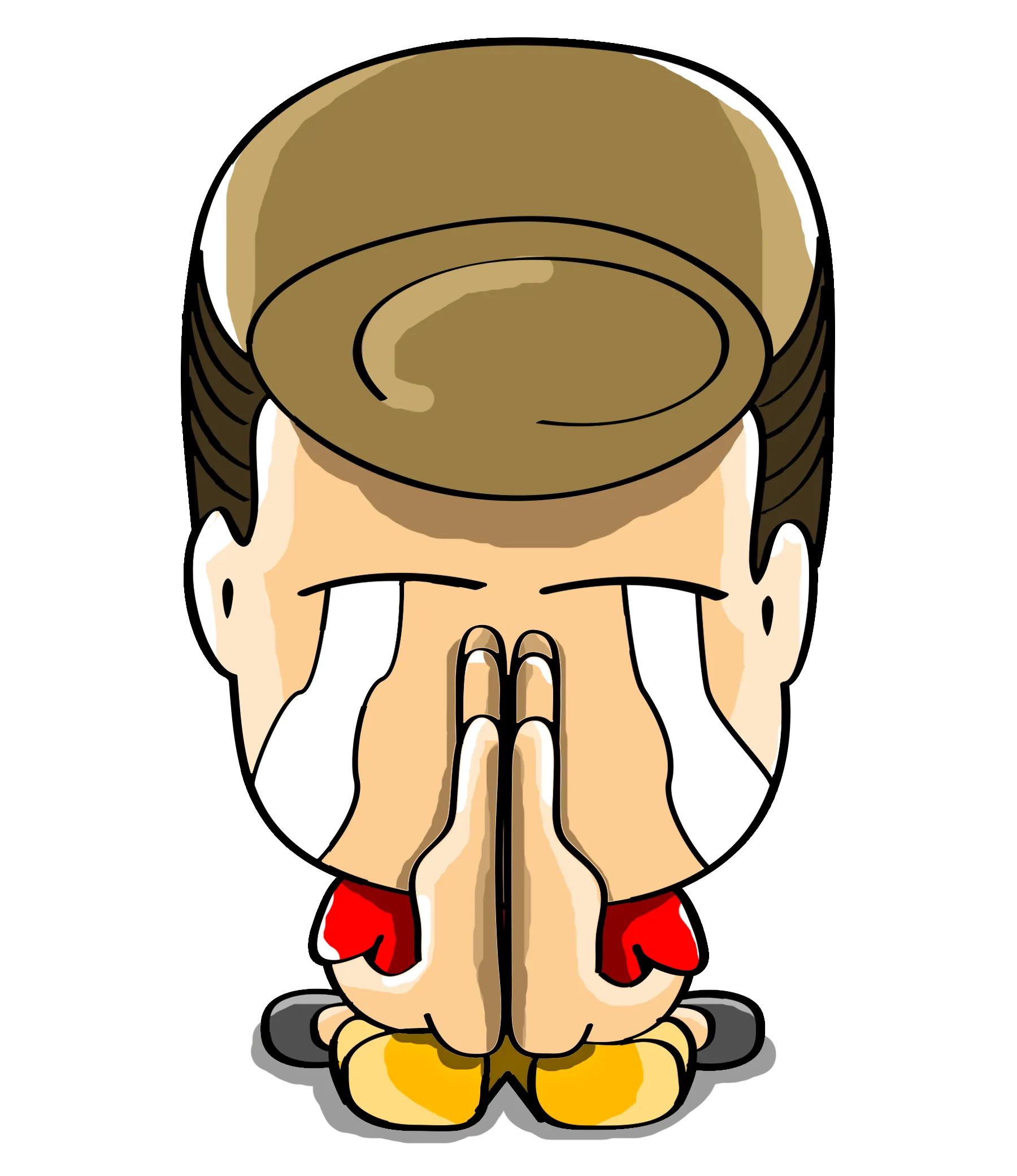 FYTBET maskot Ah Fu berlutut tangan bersatu membungkuk minta maaf — 富易堂 stiker WeChat