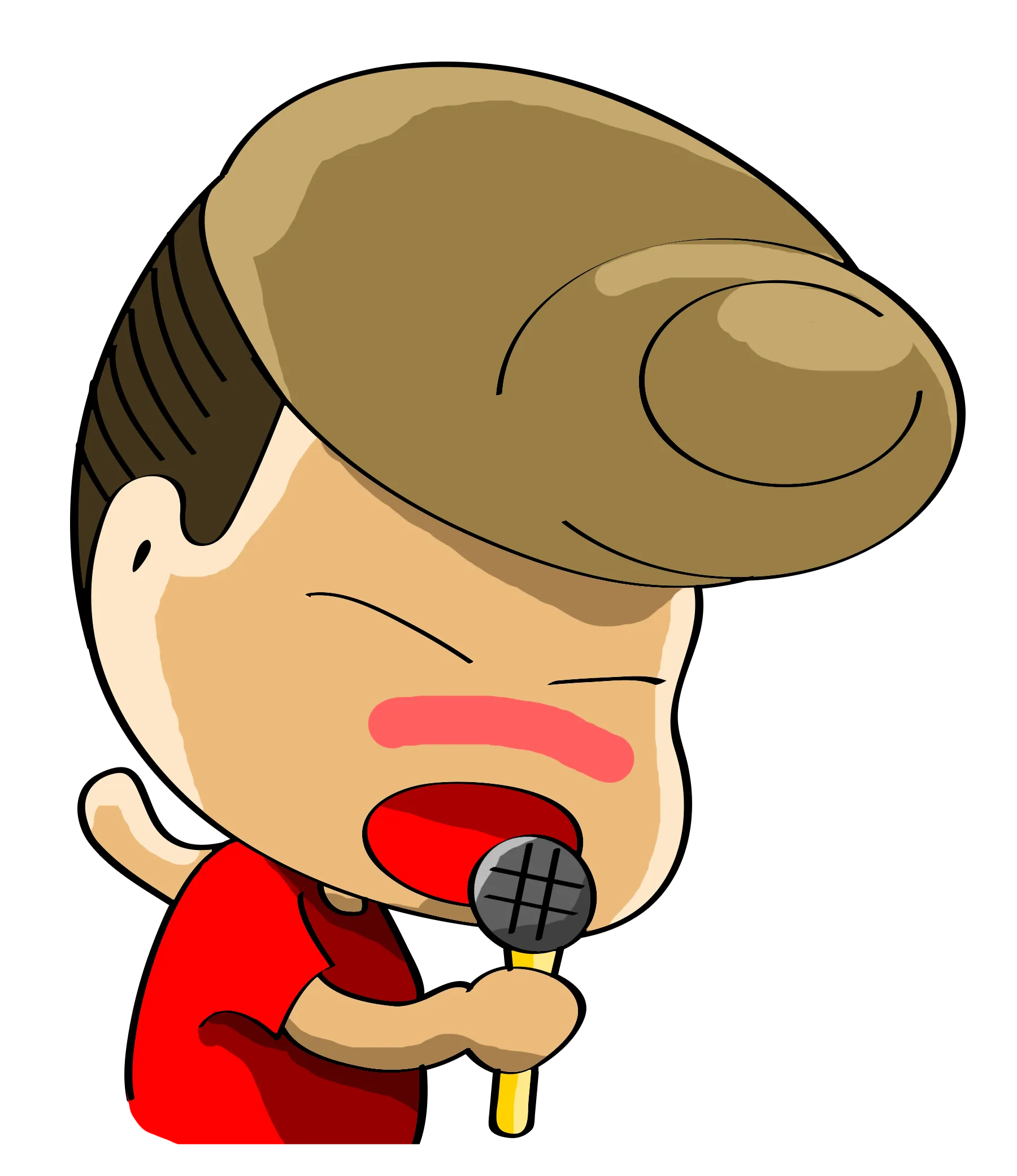 FYTBET maskot Ah Fu pegang mikrofon mata terpejam pipi merah karaoke — 富易堂 stiker WeChat