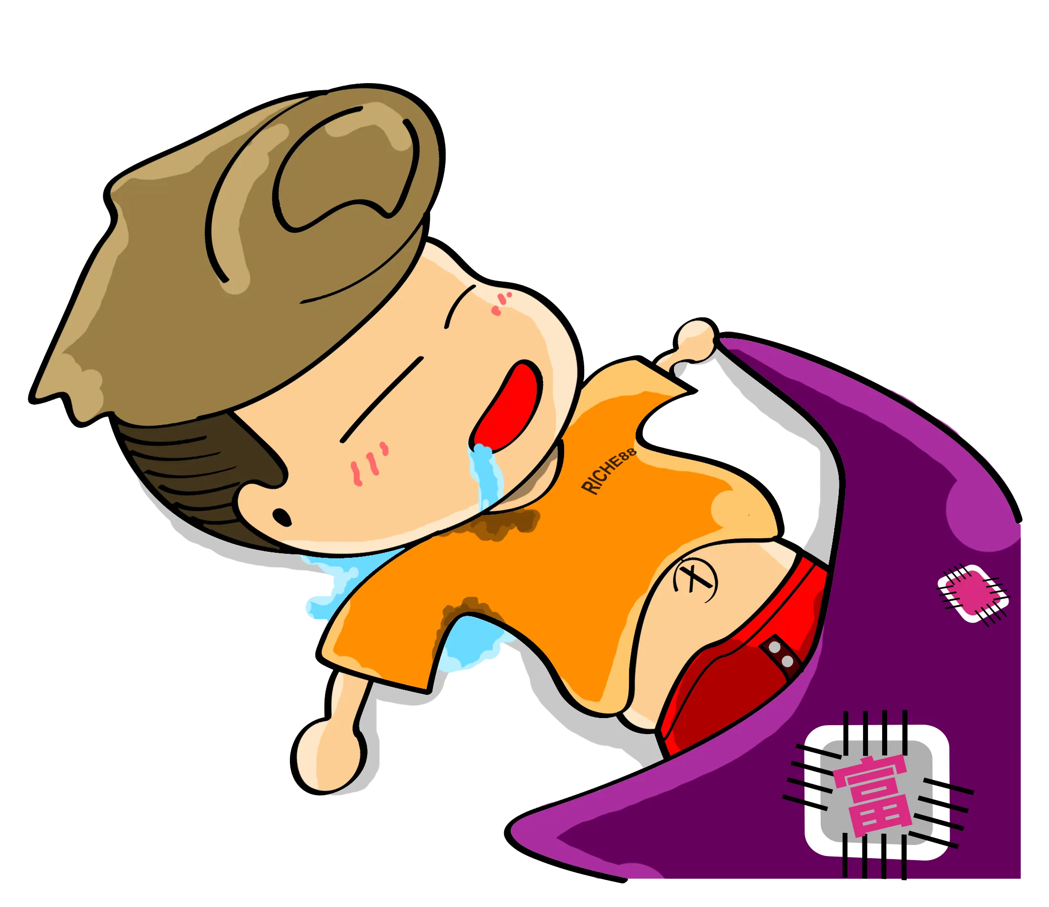 FYTBET maskot Ah Fu tidur miring ngiler selimut ungu 富 — 富易堂 stiker WeChat