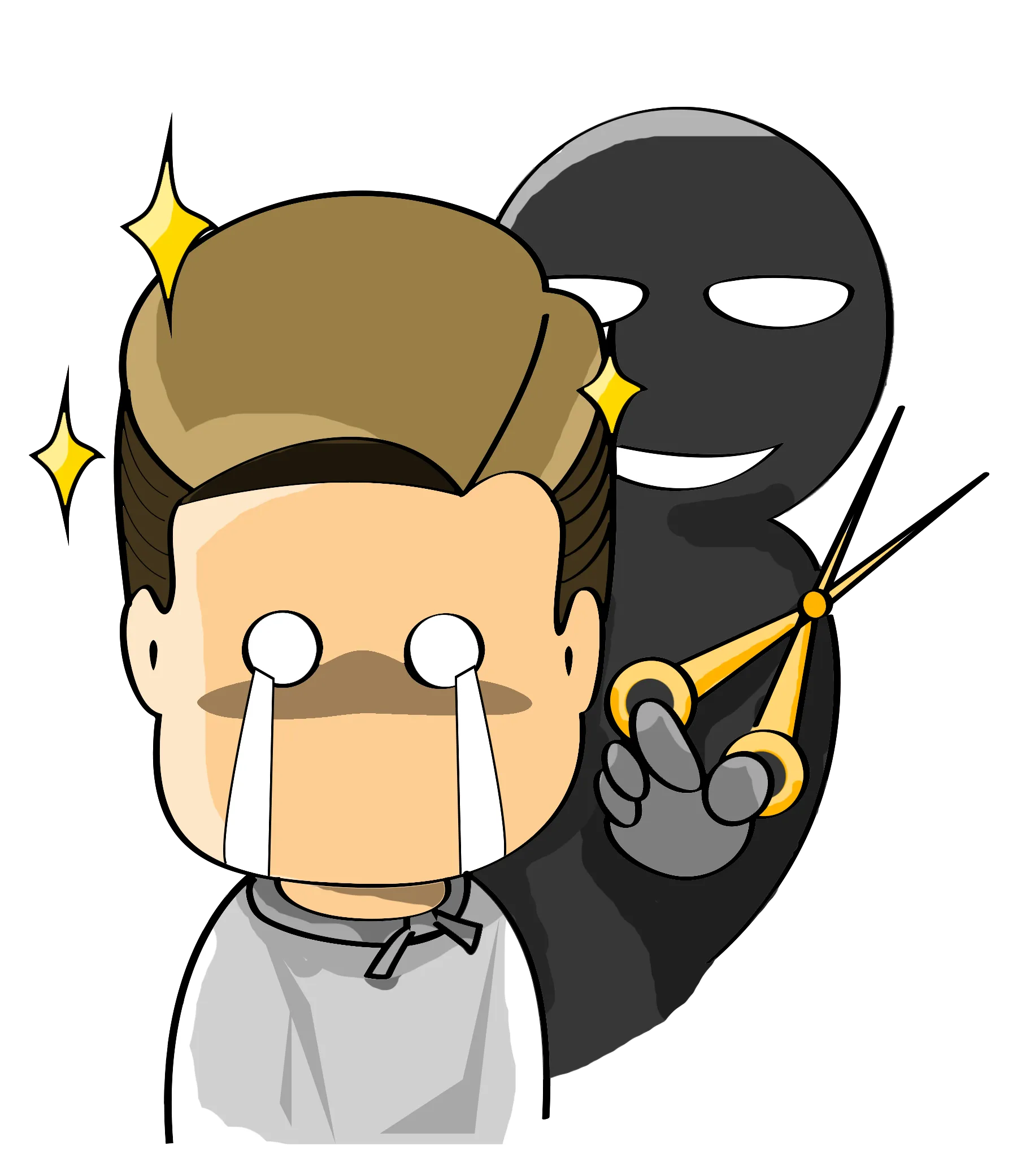 FYTBET maskot Ah Fu kaget bayangan hitam bawa gunting di belakang — 富易堂 stiker WeChat